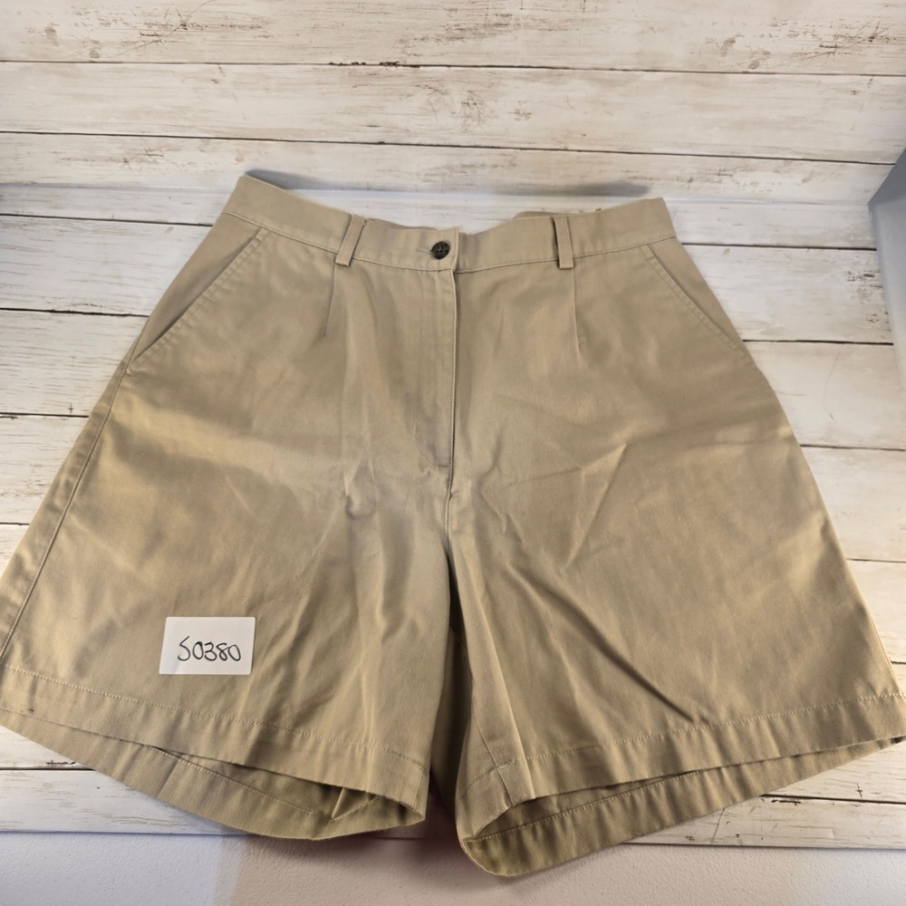 LL Bean Womens‎ Khaki Chino Shorts Pleated High Rise Tan Size 12 Reg 0PC33